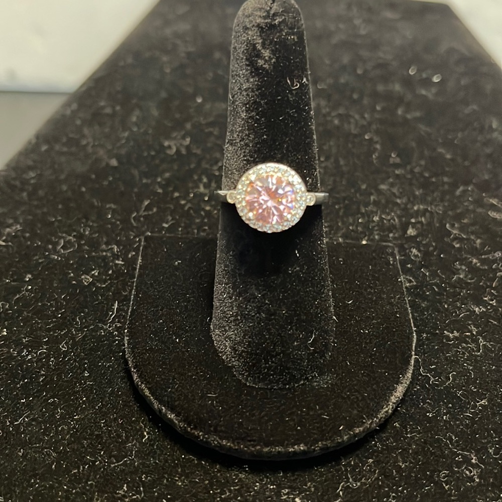 Size 8 - Beautiful Costume Jewelry Ring w/Pink Stone and Cubic Zirconia Stones